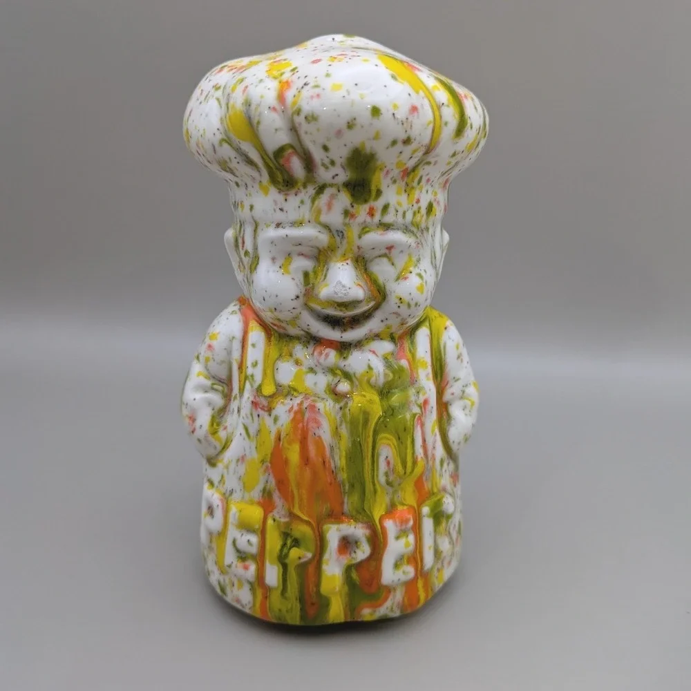 Vintage Chef Salt Pepper Cheese Shaker Set Splatter‎ Drip Glaze Multicolor 3pc